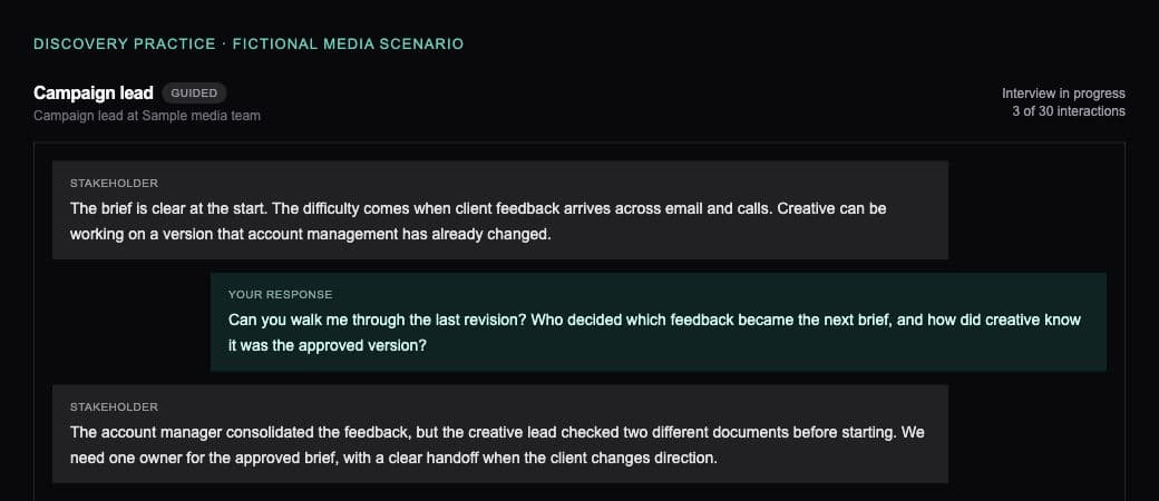 Sample discovery conversation: a learner asks who owns client feedback and the approved brief; the simulated campaign lead explains a version handoff gap.