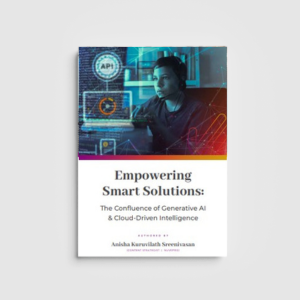 A visually striking eBook cover titled "Empowering Smart Solutions: The Confluence of Generative AI and Cloud-Driven Intelligence," featuring futuristic AI visuals and cloud technology elements.